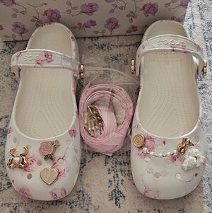 LoveShackFancy White and Pink Floral Croc-Style Mary Janes with Charms